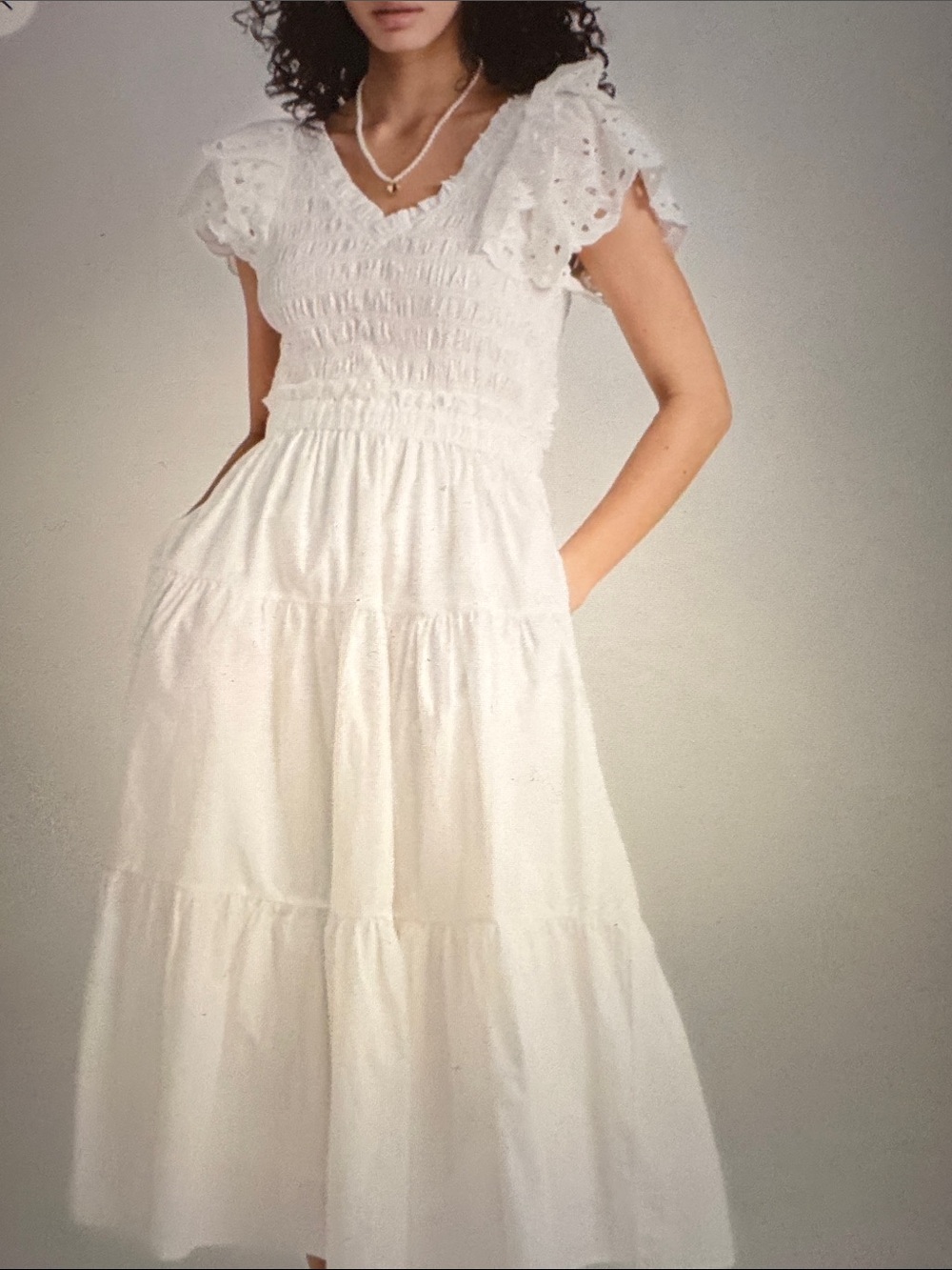 En Saison Amaya White Eyelet Embroidered Smocked Tiered Cotton Midi Sz Small NWT